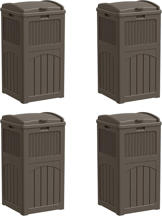 Greesum 33 Gallon Outdoor Trash Can with Lid, Waterproof Resin Garbage Bin for Hideaway, Deck, Patio, 4 Pack, Dark Brown