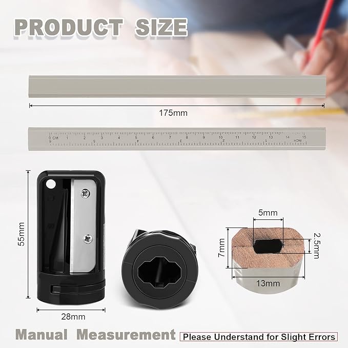 Honoson 200 Pcs Flat Construction Pencils with Printed Ruler Wood Graphite 2 Pcs Carpenter Pencil Sharpener for Woodworking Marking Tool(White)