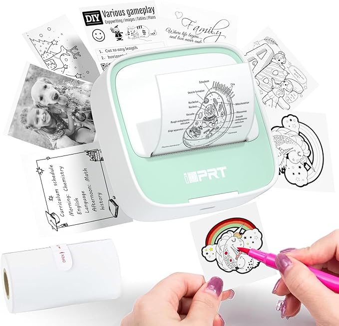 iDPRT Portable Sticker Maker Machine with 1 Roll Sticker Paper, Mini Printer Efficiently and Quickly, Thermal Printer for Study Notes, Pictures, DIY, Label, Free App with Multiple Templates, Green