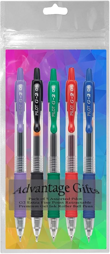 G2 Retractable Premium Gel Ink Roller Ball Pens Extra Fine Point (.5mm) Black/Blue/Red/Green/Purple Ink 5 pack; Refillable & Premium Comfort Grip Bundle with Plastic Reusable Pouch