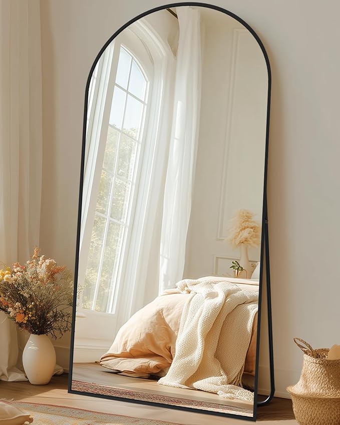 Full-Length Floor Mirror with Stand, 76"x34" Arched Style Full Body Standing Mirror for Bedroom, Living Room, Gym, Dorm - Shatter-Resistant & Easy Assembly, Black