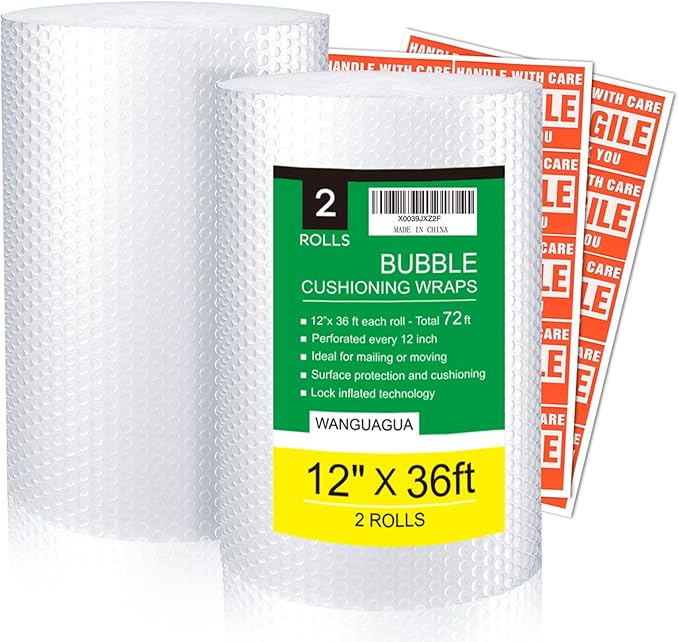 2 Pack 12 Inch x 72 ft Total Bubble Packing Wrap for Moving Boxes Shipping Cushioning Supplies Perforated Every 12”