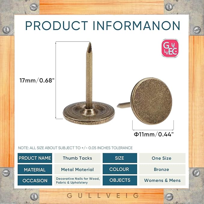 Gullveig Bronze Push Pins - 100 Piece Set in Elegant Metallic Finish - Durable Metal Thumb Tacks, Reusable Paper Box - Perfect for Home, Office, and DIY Projects - Ф11mm x 17mm