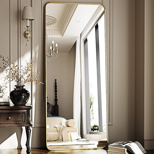 HARRITPURE 66x23 inch Rounded Full Length Mirror Aluminum Frame Mirror Full Length Floor Mirror with Stand for Living Room Bedroom Cloakroom,Gold