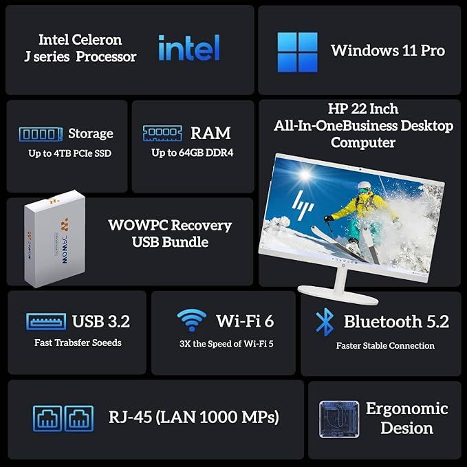 HP 2025 New 22 Inch All-in-One Desktop Computer • 8GB RAM • 128GB PCIe SSD • Intel CPU • Ultra-Quiet Design • Microsoft Office Trial • Wi-Fi 6 • White KB & Mouse • WOWPC Recovery USB • Windows 11