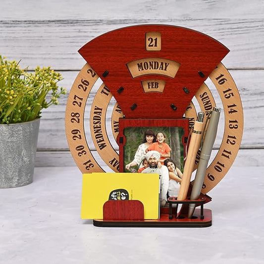 GKD Wooden Desk/Table Calendar to Lifetime Infinite Calendar 2025 with Desk Organizer and Photo Frame for Office/Home (‎Red)