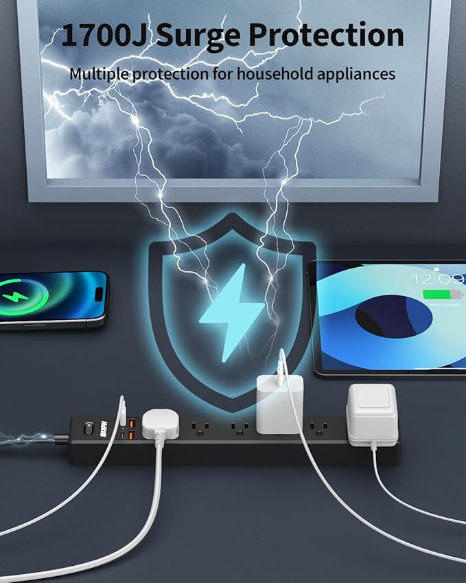 2 Pack Power Strip Surge Protector - 7 Outlets 4 USB Ports (2 USB C), 6 Ft Ultra Thin Flat Plug Extension Cord, 1875W/15A, 1700 Joules, Wall Mount for Home Office Dorm, Black