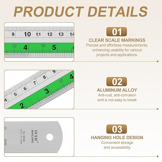 HARFINGTON 2pcs Metal Straight Ruler 30cm Metric SAE Aluminum Alloy Measuring Rulers Scale Tool with Hole for Measure Study Reading Classroom Office, Green