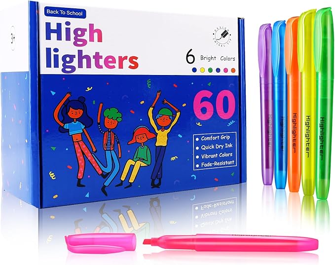 Highlighters Assorted Colors, 60 Pack Highlighters Bulk : No Bleed & Dry-Quickly, Highlighter Set : Chisel Tip & 6 Bright Colors, Highlighter Markers for school | college | office supplies