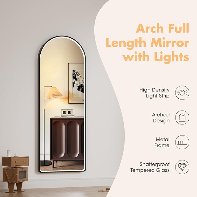 Hasipu 55" X 18" Full Length Mirror with Lights, Black Frame Arch Led Mirror Full Length and 3 Colors Temperatures & Brightness Adjustable,Light Up Mirror Full Body for Bedroom Cloakroom Living Room