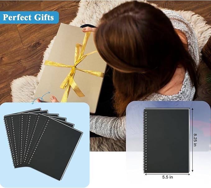 GINMLYDA Black Small Spiral Notebook 6Pack, 120 Lined Pages 8.25x5.50 Inches Spiral Journal Kraft Cover Notebooks & Writing Pads for School Home Office Aesthetic Sketch Drawing Note