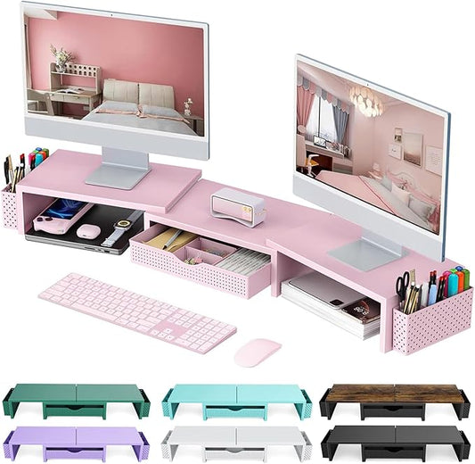 gianotter Dual Monitor Stand Riser, Desk Organizer With Drawer and 2 Pen Holders,Desk Organizers and Accessories, Pink Office Supplies (Pink)