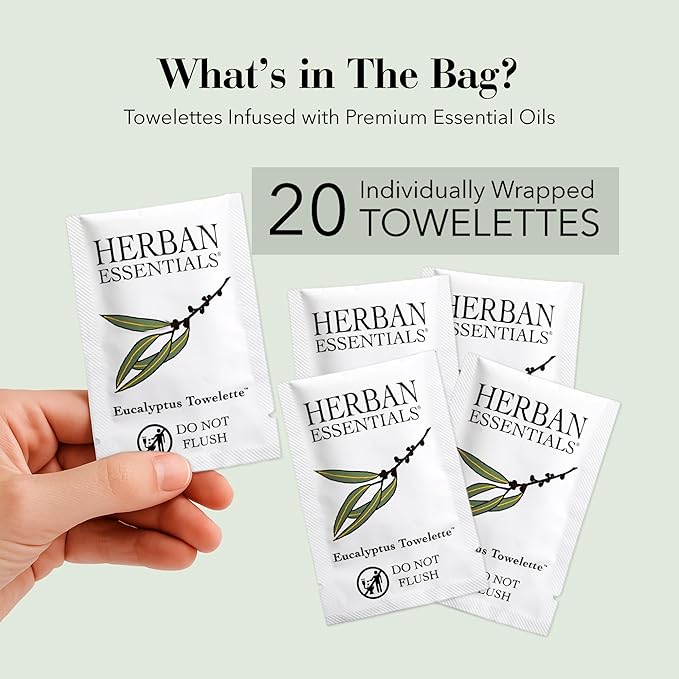 Herban Essentials - Eucalyptus Wipes & Towelettes - Essential Oil Wipes for Hands & Body - Travel Size Essentials and Toiletries - Natural, Individually Wrapped, Disposable & Moist Refresh (20 count)