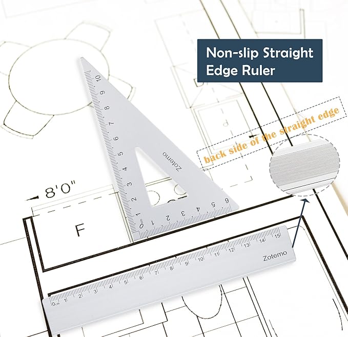 Geometry Ruler Set for Students, Metric Measurement 4-Piece Metal Math Drafting Kit with Non-Slip Design 15 cm Straightedge Ruler, 180° Protractor & 2 Triangles for School Kids (Silver)