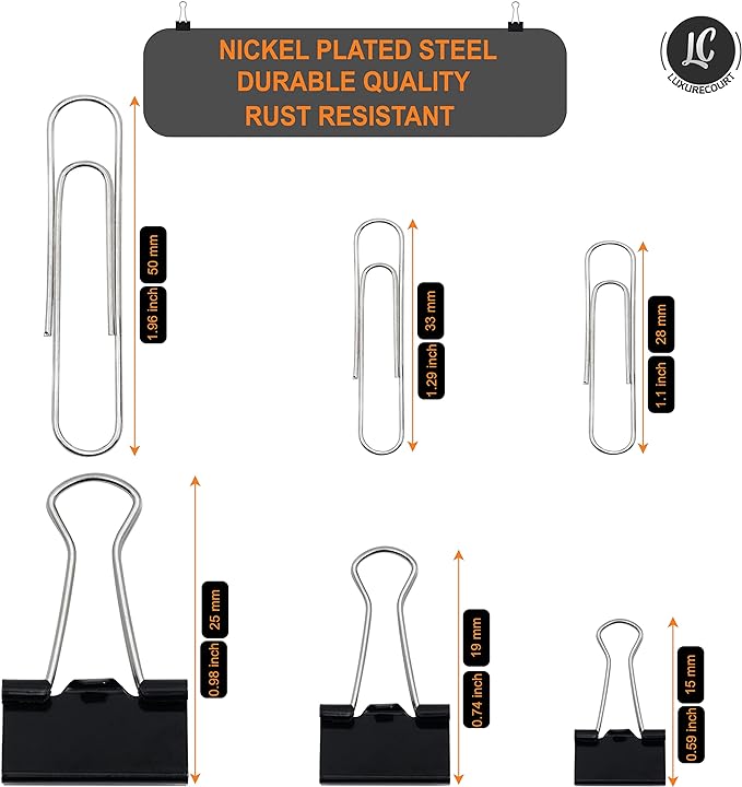 350 Pack Paper Clips and Binder Clips Set by Luxurecourt - Binders & Paperclips Assorted Sizes in Container with Compartments, Silver Paper Clips & Black Binder clips for Home, School, Office Supplies