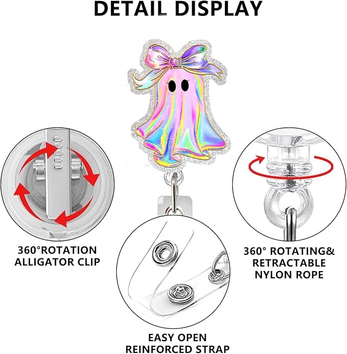 Halloween Badge Reel Retractable ID Name Holder Fun Cute Ghost with Bow Badge Charm Designs Acrylic Cartoon Spooky ID Badge Holder with Alligator Clip for Students Nurses Teachers ID Clip