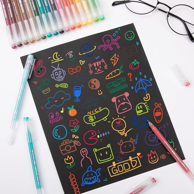 Gel Pens For Coloring, 18 Pack Colored Pens for Black Paper & White Paper, 0.6MM Fine Point Pens for Coloring, Writing, Drawing, Journaling, Note Taking, School, Office, Home