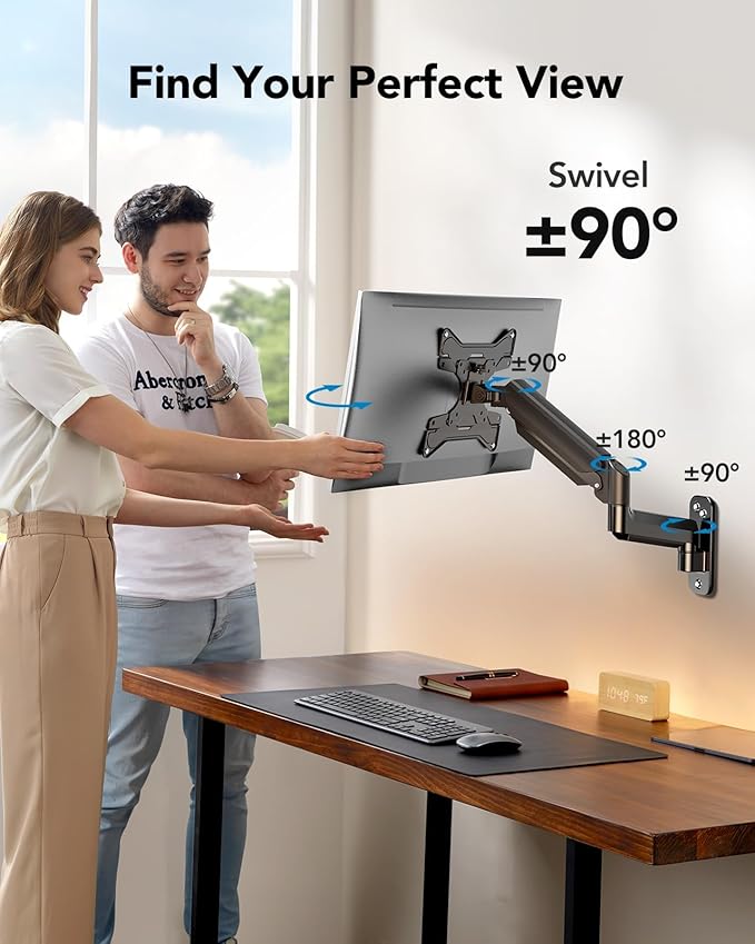 HUANUO Computer Monitor Wall Mount for 22 to 35 inch Flat Curved Screens, Single Wall Mount Monitor Arm Holds up to 26.4lbs, Height Adjustable Full Motion Gas Springcore Vesa Mount, Max 200x200mm