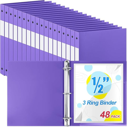 Henoyso 48 Pcs 3 Ring Binder 1/2'' Round Fits Letter Size 8. 5'' x 11'' Paper Plastic Flexible Binder Holds 100 Sheets with 1 Pockets Versatile Organizer for Office Home School (Purple)