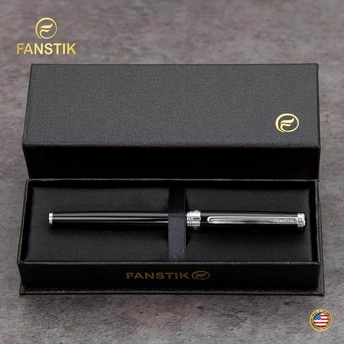 Black & Silver Luxury Rollerball pen (Made In USA) fancy gift set for women, Chrome Finish, Professional executive pen gift set for men (Lux Rollerball Black-Silver)