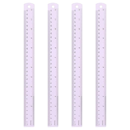 HARFINGTON 4pcs Metal Straight Ruler 30cm Metric SAE Aluminum Alloy Measuring Rulers Scale Tool with Hole for Measure Study Reading Classroom Office, Purple