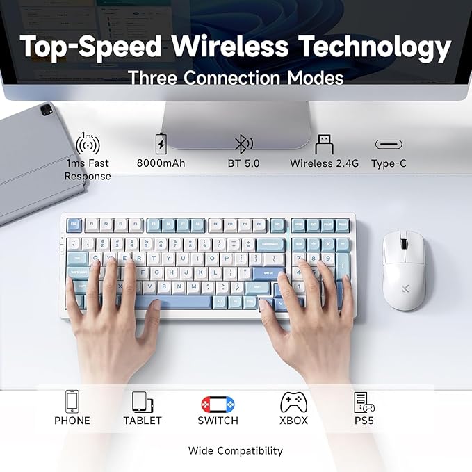 G98 PRO Wireless Gaming Keyboard, Tri-Mode Connection Mechanical Keyboard, Hot Swappable Custom Gasket Structure, Pre-lubed Linear Switches, Double Shot PBT Keycaps, RGB LED Backlit, Blue&White