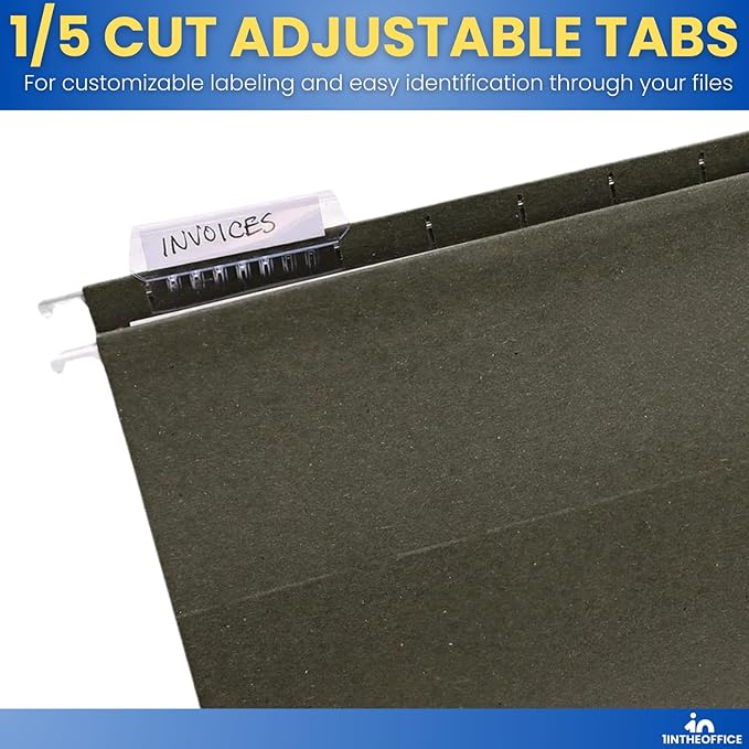 1InTheOffice Green Hanging File Folders Letter Size, Hanging Organizer File Folders, File Cabinet Folders, 1/5 Tabs, 11 pt, 50 Pack