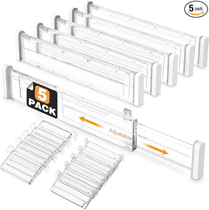 HiYZ Expandable Drawer Dividers with Inserts - Adjustable Drawer Organizers Separators for Kitchen, Bedroom, Dresser, Office, 8 Long Dividers(12.6-22.8 IN) with 10 Inserts(3.9-7.1 IN) - Clear