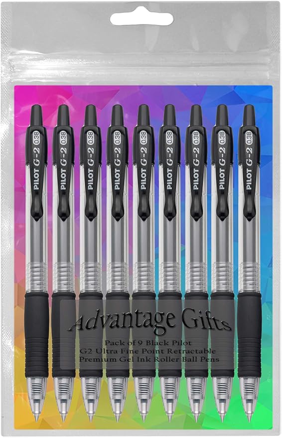 G2 Retractable Premium Gel Ink Roller Ball Pens Ultra Fine Point (.38mm) Black Ink 9 pack; Refillable & Premium Comfort Grip Bundle with Plastic Reusable Pouch