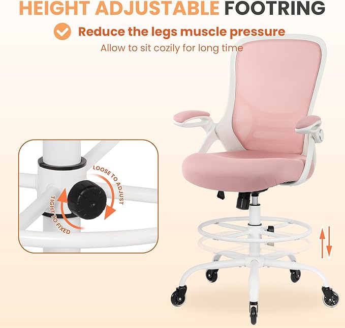HYLONE Drafting Chair Tall Office, Ergonomic Standing Desk Stool Adjustable Drafting Chair Big Tall Drafting Office Chair Pink