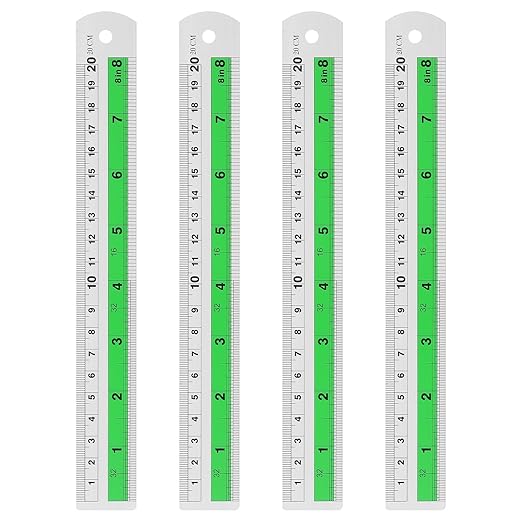 HARFINGTON 4pcs Metal Straight Ruler 20cm Metric SAE Aluminum Alloy Measuring Rulers Scale Tool with Hole for Measure Study Reading Classroom Office, Green