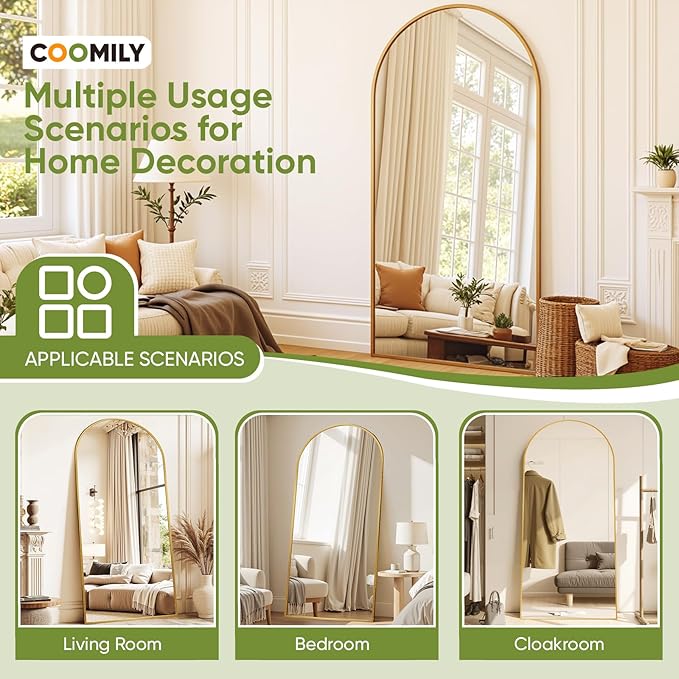 Full-Length Floor Mirror with Stand, 78"x38" Arched Style Full Body Standing Mirror for Bedroom, Living Room, Gym, Dorm - Shatter-Resistant & Easy Assembly, Gold