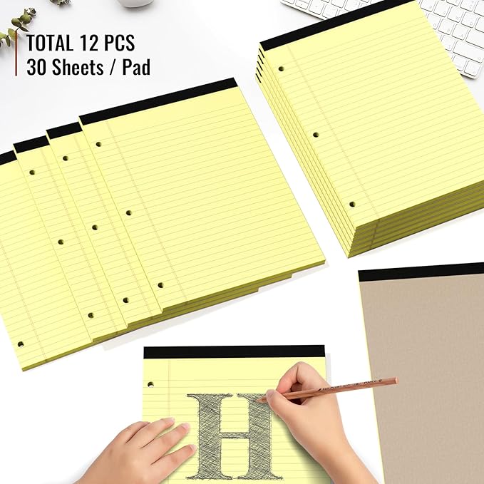 HAUTOCO 8.5 x 11 Legal Pads 12 Pack Yellow Wide Ruled Lined Writing Note Pads Perforated Notepad, 30 Sheets Per Notepad, 3-Hole Punched Paper for School, Office