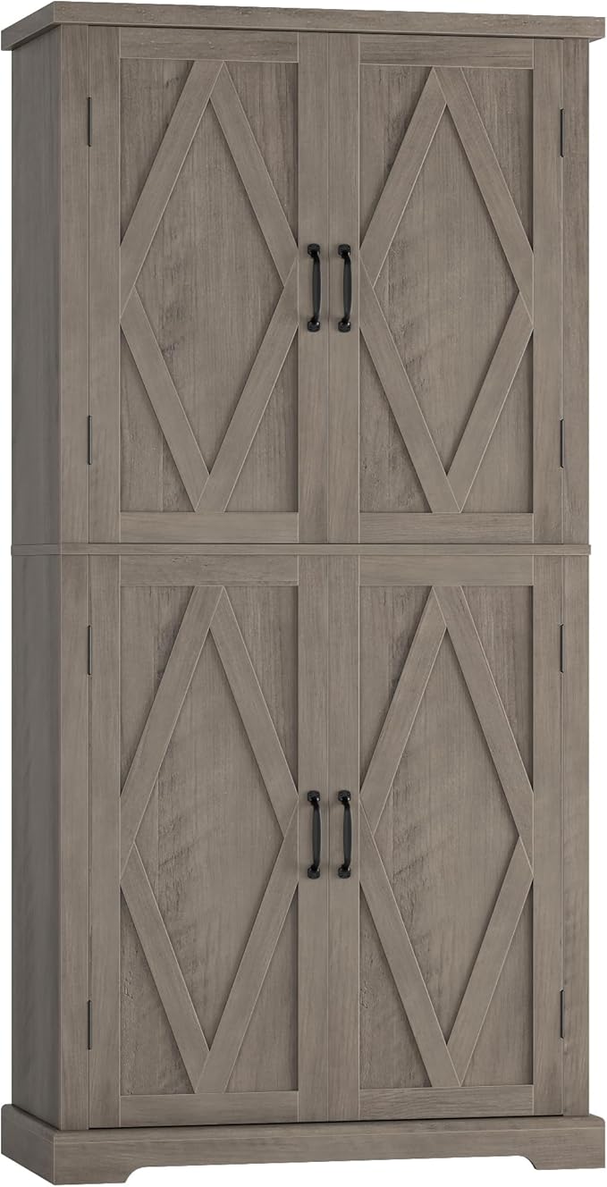 HOSTACK 64" Tall Pantry Cabinet, Modern Farmhouse Kitchen Pantry, Wood Bathroom Storage Cabinet, Large Bookcase, 4 Doors|Adjustable Shelves, for Dining Room, Living Room, Home Office, Ash Grey
