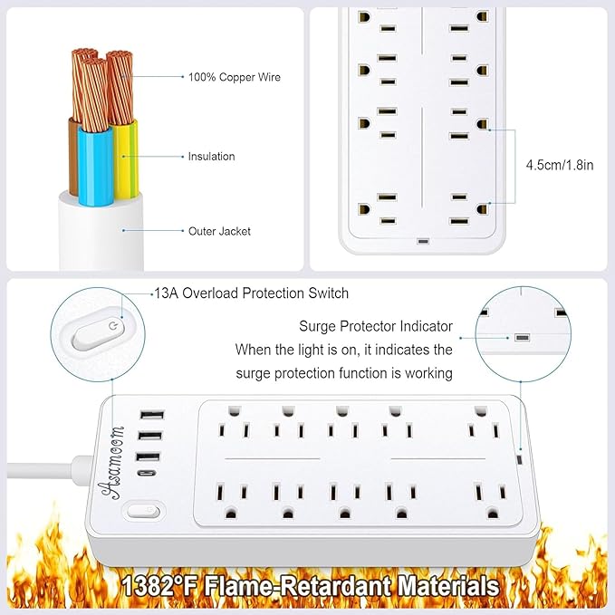 15 FT Power Strips with Surge Protection 1625W/13A,10 Outlets with 4 USB Ports (1 USB C) Long Extension Cord with Multiple Outlets 16Awag 1700J Flat Plug Power Strip Protector White,ETL Listed