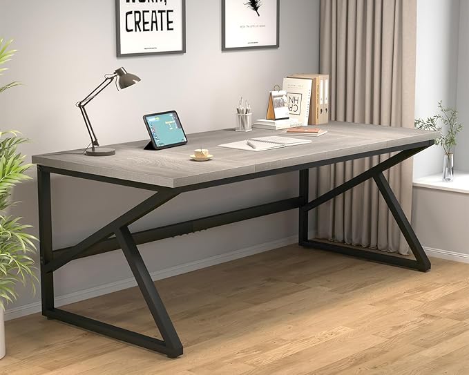 HSH 70 Inch Long Grey Desk, Large Home Office Computer Desk for 2 People, Industrial Wood and Metal Executive Work Writing Study Gaming Desk Table, Modern Bedroom Simple PC Laptop Desk Double Desk