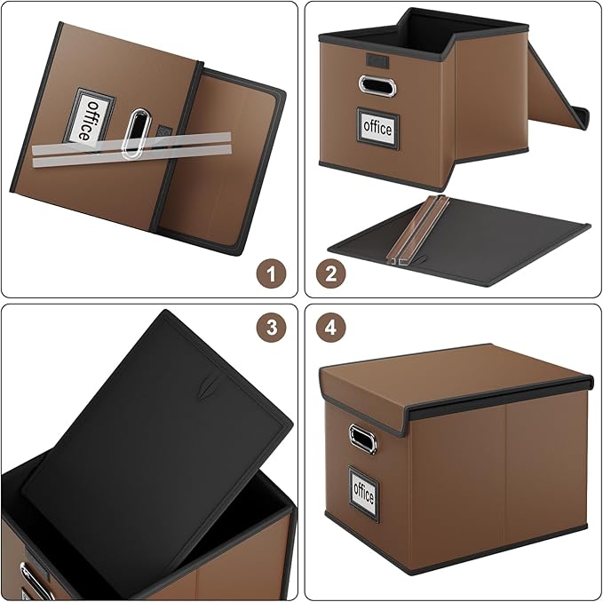 Huolewa File Organizer Boxes with Lids, Collapsible Faux Leather Hanging File Folder Box Organizer with Plastic Slide, Decorative Home/Office Filing System Boxes for File and Folders Storage