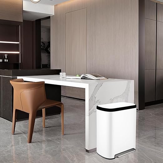 16 Gallon Dual Trash Can, Kitchen Recycling Bins with 2 x 8 Gallon Compartments, 2 Plastic Removable Liners, Soft-Close Lid, Stainless Steel Step Trash Can, White