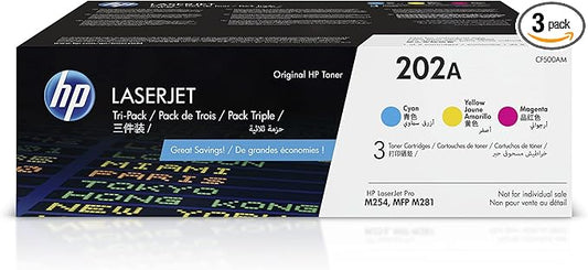 HP 202A Cyan, Magenta, Yellow Toner Cartridges (3 Pack) | Works with HP Color LaserJet Pro M254, HP Color LaserJet Pro MFP M281 Series | CF500AM