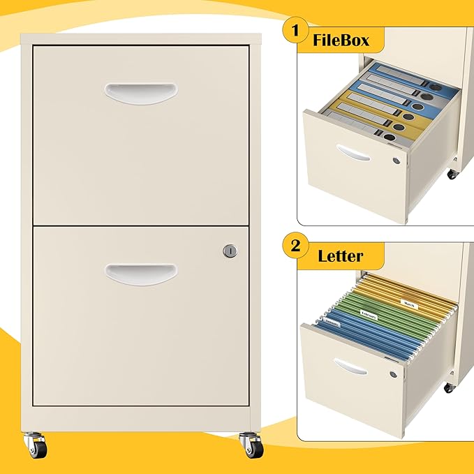2 Drawer File Cabinet with Lock，Cream Rolling File Cabinet for Home Office, Metal Small Mobile Filing Cabinets on Wheels for Hanging Letter