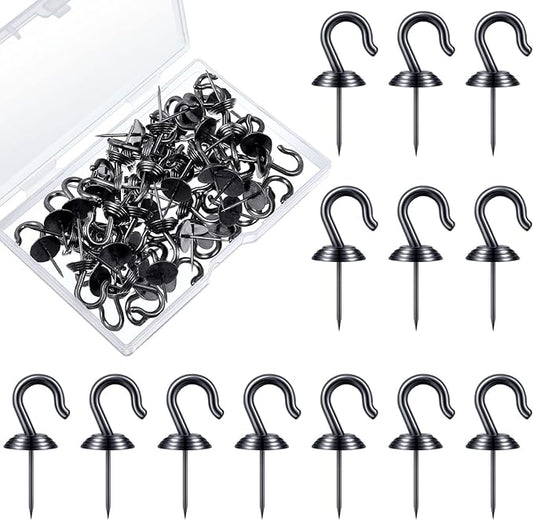 Hotop 30 Pieces Push Pin Wall Hooks Metal Thumb Tack Hangers Iron Alloy Nail Decorative Picture Hooks for 20 Lbs Home Office School Party Supply (Black)