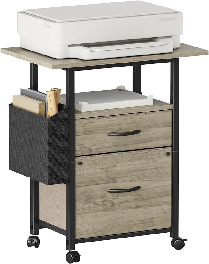 2 Drawer File Cabinet with 24'' Extended Desktop, Mobile Filing Cabinet, Rolling File Cabinet with Side Bag, Fabric Drawer, Fits A4 Size, Home Office, Oak Grey