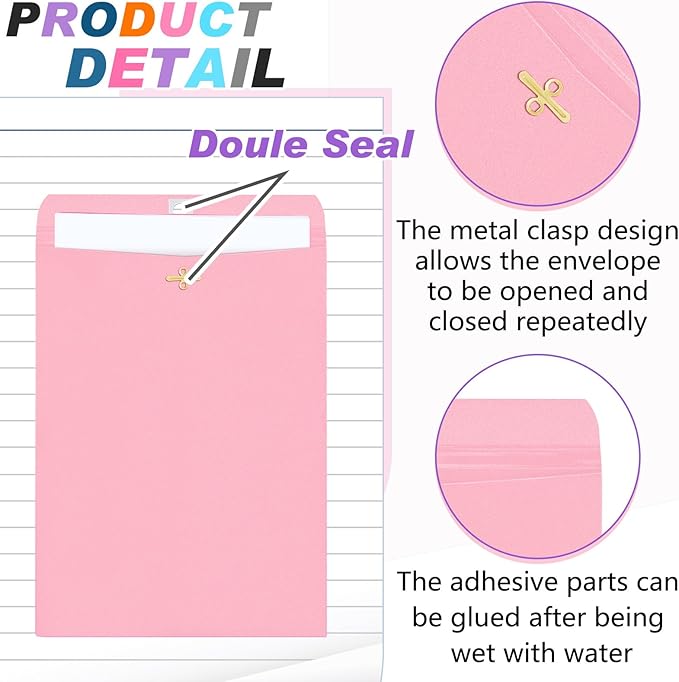 Geyee 100 Pcs Clasp Manilla Envelopes 9 x 12 Inch Gummed Colored Envelopes for Storing or Mailing for Home Office Business Supplies(Colorful)