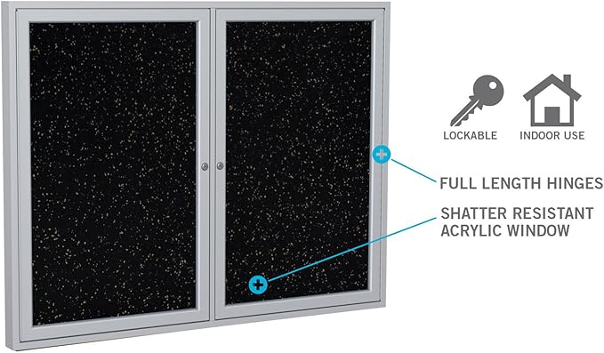 Ghent 36"x30" 1-Door indoor Enclosed Recycled Rubber Bulletin Board, Shatter Resistant, with Lock, Satin Aluminum Frame,Black (PA13630TR-BK) ,Made in the USA