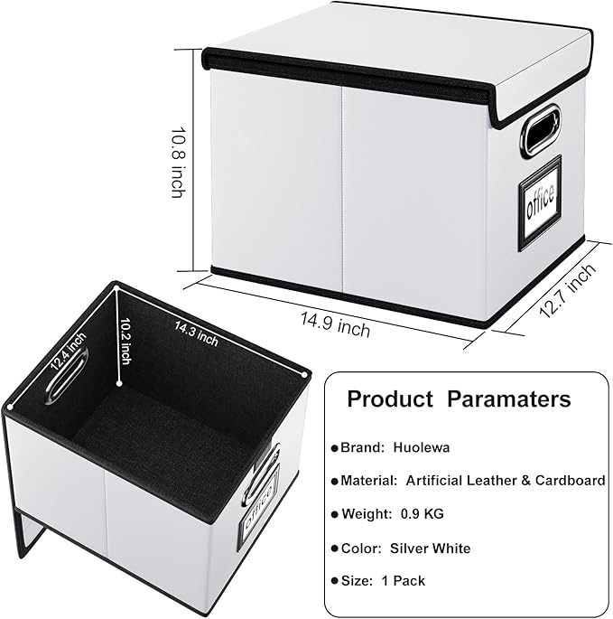 Huolewa File Organizer Box with Lid, Collapsible Faux Leather Hanging File Folder Box Organizer with Plastic Slides, Decorative Home/Office Filing System Boxes for File and Folders Storage
