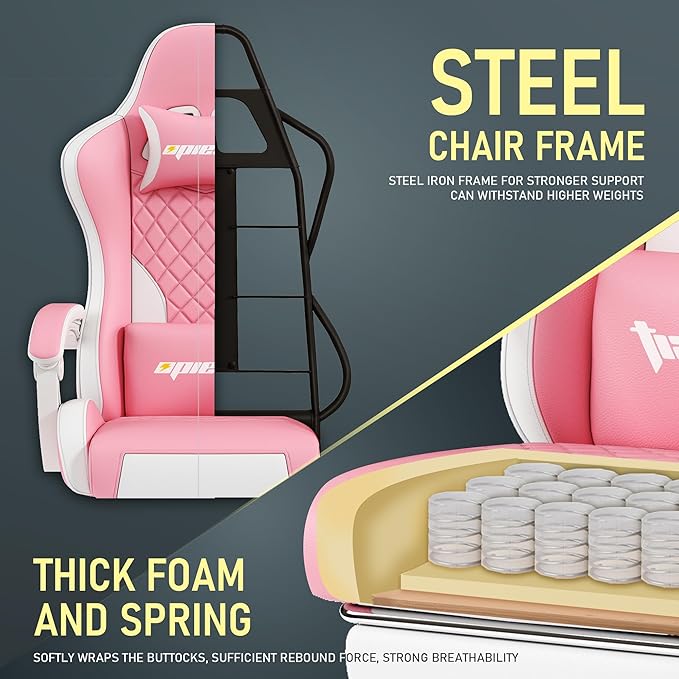 Gaming Chair,Ergonomic Computer Chairs for Adults with Footrest, PU Leather Office Chair with Adjustable Lumbar Support & Pocket Spring Cushion - Heavy Duty 400lb Capacity Gamer Chair (Pink)