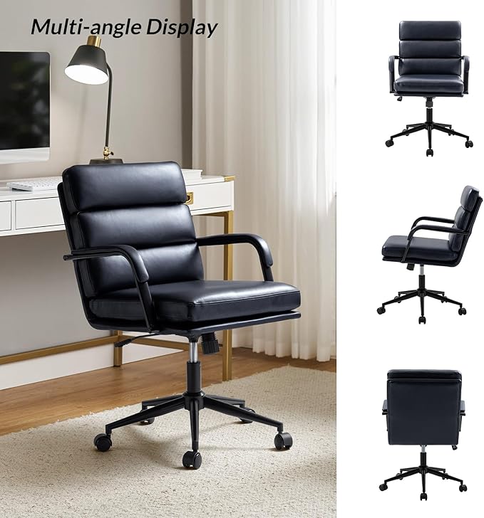 HULALA HOME Modern Faux Leather Home Office Chair with Tilt Lock & Metal Base, Desk Chair with Wheels & Padded Cushion, 360° Swivel Wide Seat Computer Task Chair, Navy