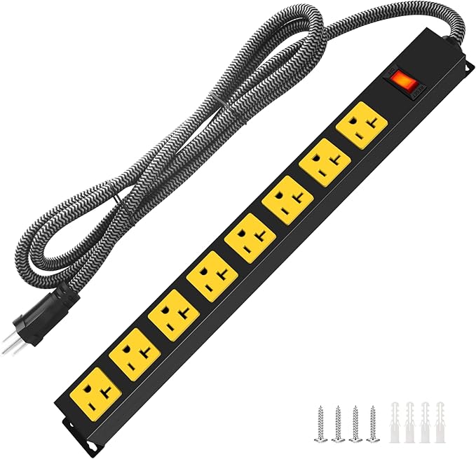 20Amp Power Strip Surge Protector, Long Metal 8-Outlets with Heavy Duty 20 amp 6Ft 12 Gauge Extension Cord for Garage Workshop & Industrial Use, 1200J