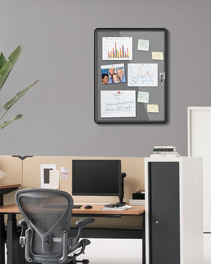 26"x20" Enclosed Bulletin Board, Lockable Weather-Resistant Aluminum Cork Noticeboard for School & Office, Black Frame w/Grey Flet