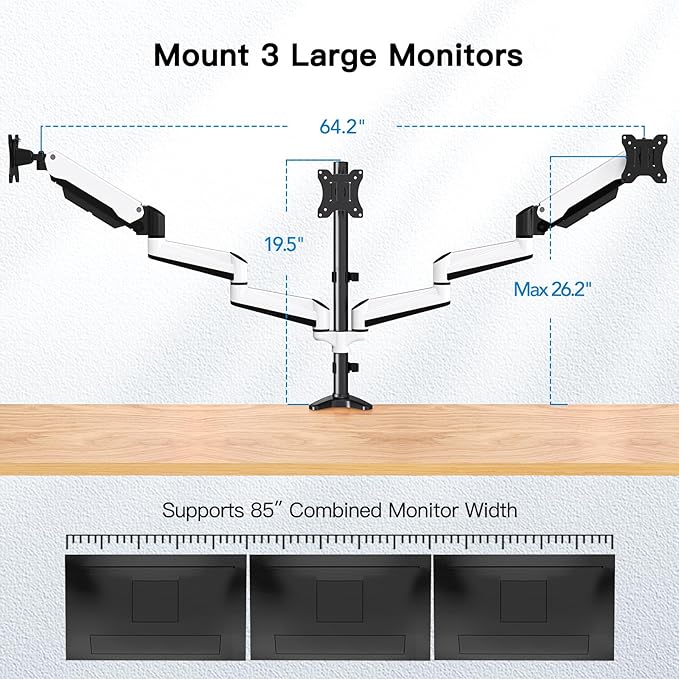 HUANUO Triple Monitor Stand - Full Motion Articulating Gas Spring Monitor Mount Fit Three 17 to 32 inch LCD Computer Screens with Clamp, Grommet Kit